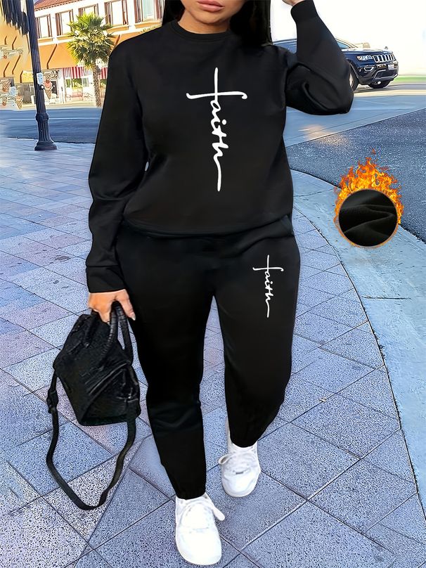 Women's Autumn And Winter Hip-hop Casual Street Belief Cross Pattern Printed Round Neck Sports Shirt+sports Pants Set-583_ecoleips.com
