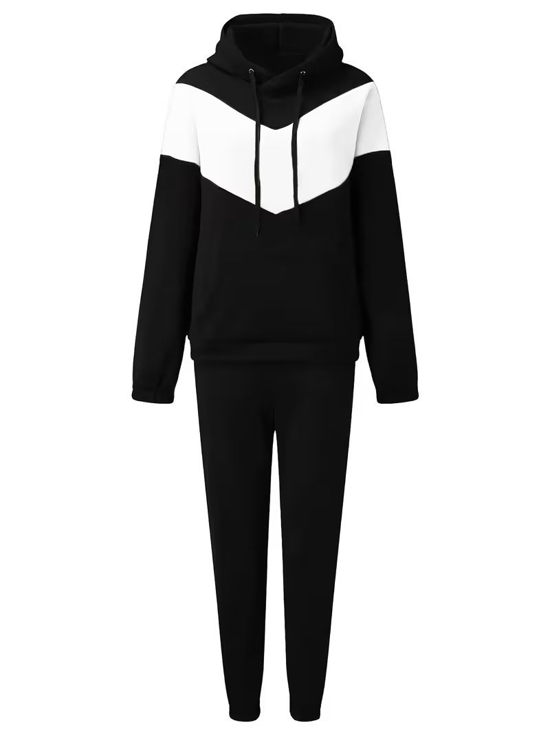 Women's Casual Hooded Color Block Two Piece Set Trendy Drawstring Long Sleeved Spring Autumn_ecoleips.com