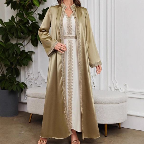"Elegant Embroidered Long Sleeve Cardigan Coat For Muslim Women – Modest Trench Robe With Solid Color Design"_ecoleips.com
