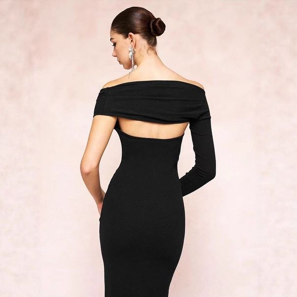 Elegant Asymmetric Off-Shoulder Bodycon Dress - Slim Fit Long Sleeve Sexy Mini Dress For Women, Stretchy Ribbed Fabric, Clubwear & Casual_ecoleips.com
