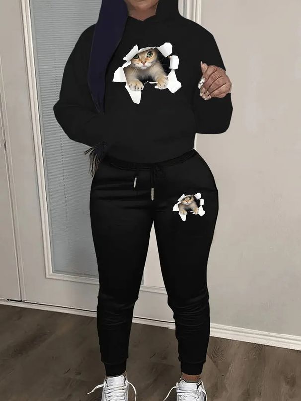 Women's Autumn And Winter Casual Fashion Letter Pattern Printed Thick Velvet Warm Hooded Sweatshirt+sweatpants Set-672_ecoleips.com