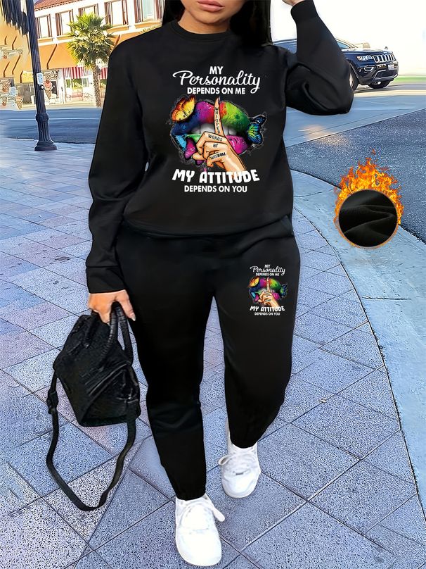 Women's Autumn And Winter Hip-hop Casual Street Lip Print Letter Print Round Neck Sweatshirt+sports Pants Set-606_ecoleips.com