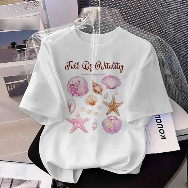 Women's Summer T-Shirt Seashell & Starfish Print round Neck Short Sleeve Casual Elegant Fashion Top for Sweet Vacation Style_ecoleips.com