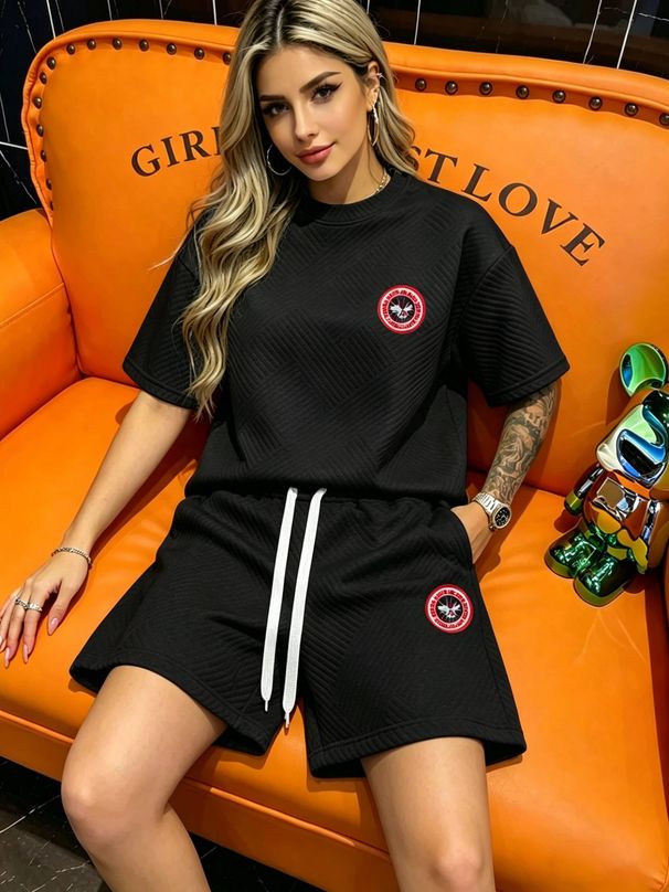 Fashion Sports 2-Piece Set European And American Style Jacquard Fabric Summer T-Shirt Shorts Casual Short-Sleeved Women's Dress_ecoleips.com