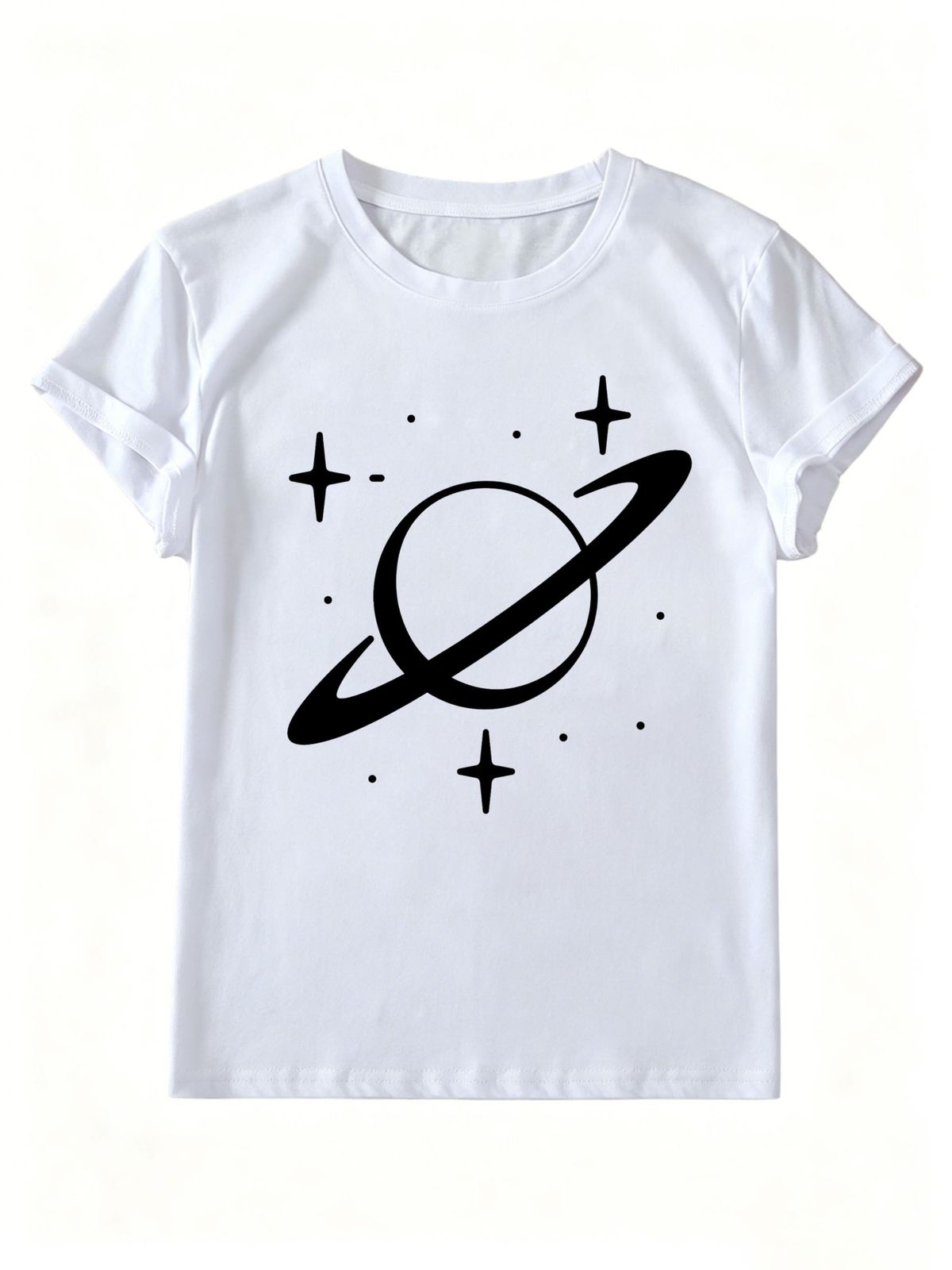 Women Crew Neck Short Sleeve T-Shirt, Minimal Planet Star Line Graphic Loose Fit Casual Summer Basic Tee Tops_ecoleips.com