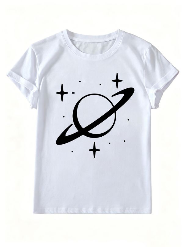 Women Crew Neck Short Sleeve T-Shirt, Minimal Planet Star Line Graphic Loose Fit Casual Summer Basic Tee Tops_ecoleips.com