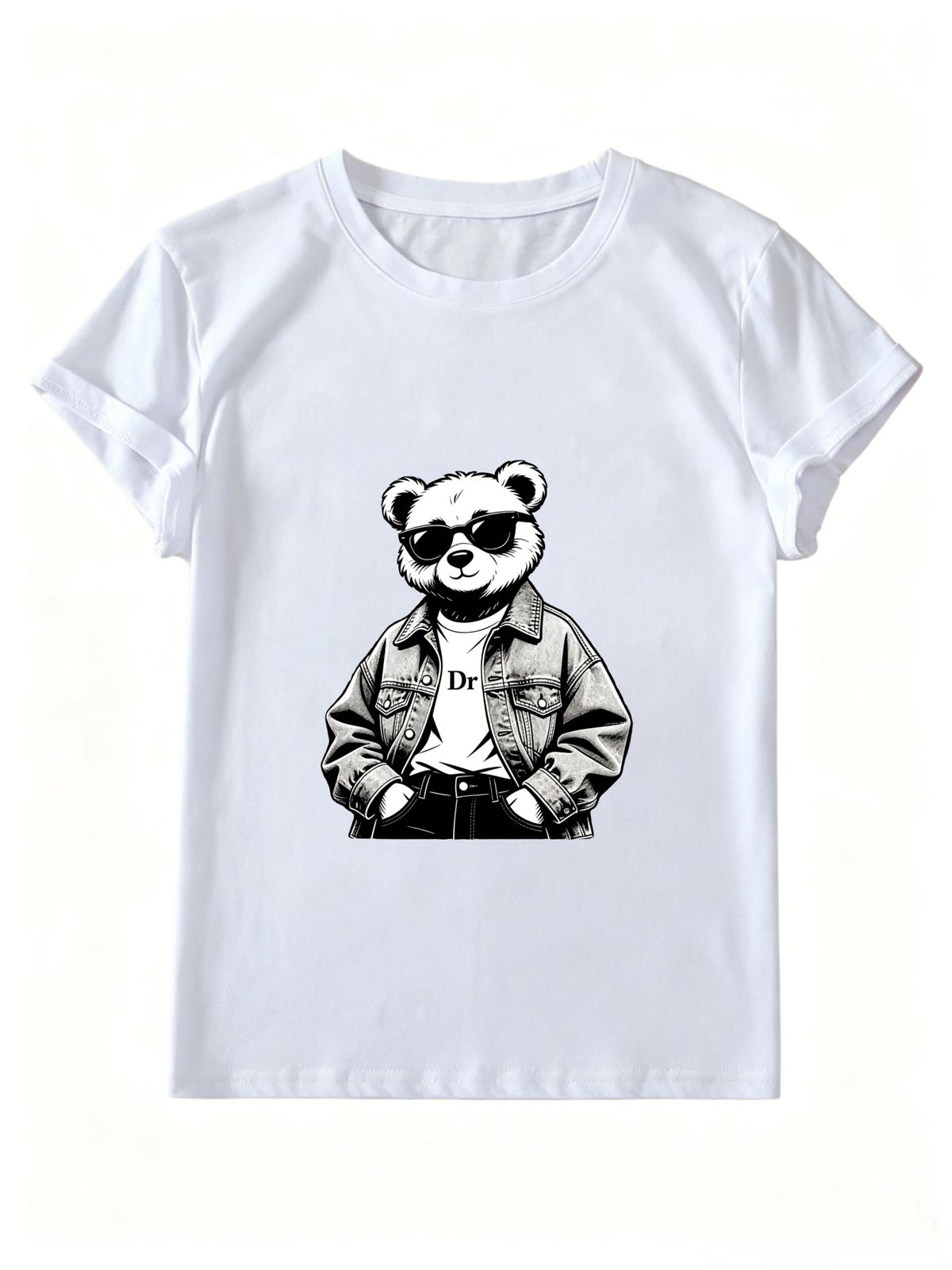 Women Summer Crew Neck Short Sleeve T-Shirt, Cool Sunglasses Denim Jacket DR Bear Black White Sketch Graphic Casual White Streetwear Loose Tee Top_ecoleips.com