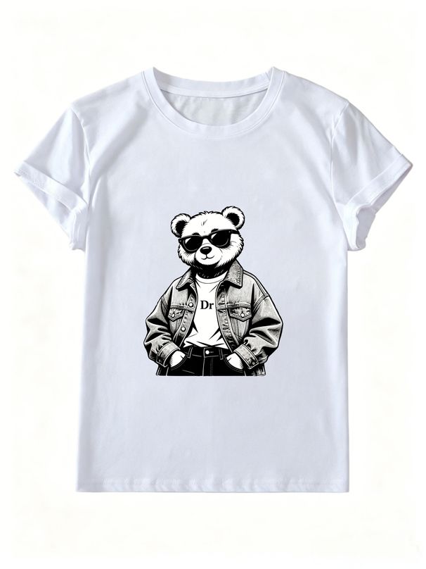 Women Summer Crew Neck Short Sleeve T-Shirt, Cool Sunglasses Denim Jacket DR Bear Black White Sketch Graphic Casual White Streetwear Loose Tee Top_ecoleips.com
