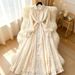 Women's European American Style Long Sleeve Fitted Waist Tie A-Line Maxi Dress Heavy Embroidery Beaded Lace New_ecoleips.com