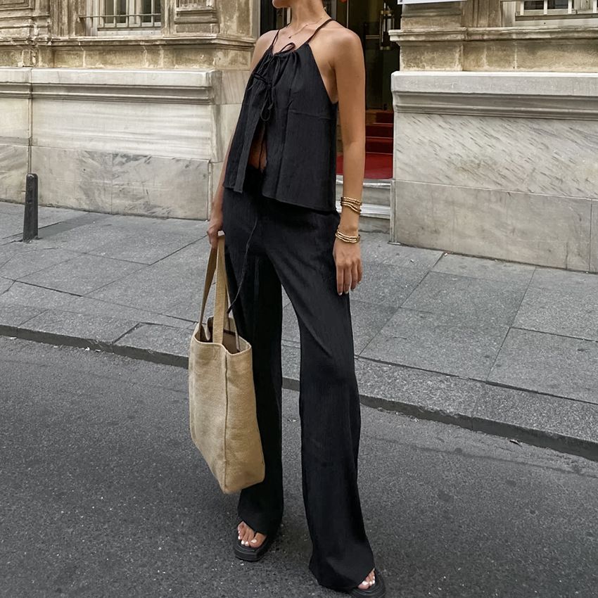 Women's Clothing Spring And Summer Design Casual Lace Up V Neck Top High Waist Elastic Band Trousers Set_ecoleips.com