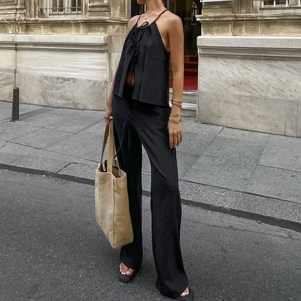 Women's Clothing Spring And Summer Design Casual Lace Up V Neck Top High Waist Elastic Band Trousers Set_ecoleips.com