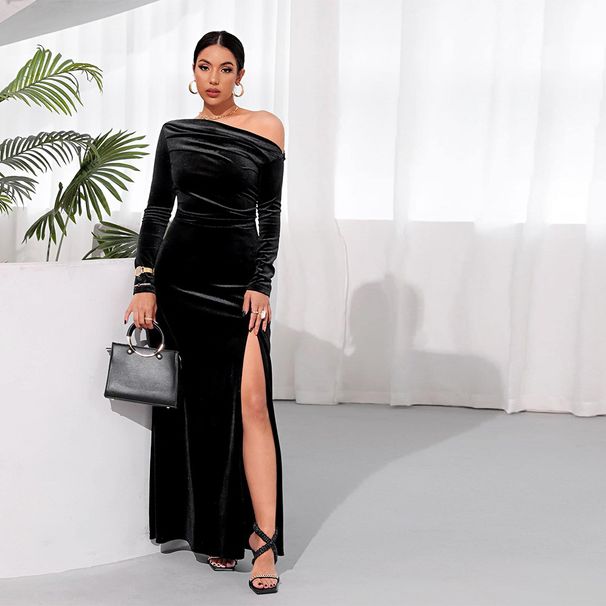 Women's Clothing Sexy Celebrity Style Dress Autumn And Winter Banquet Temperament One Shoulder Slit Long Skirt_ecoleips.com