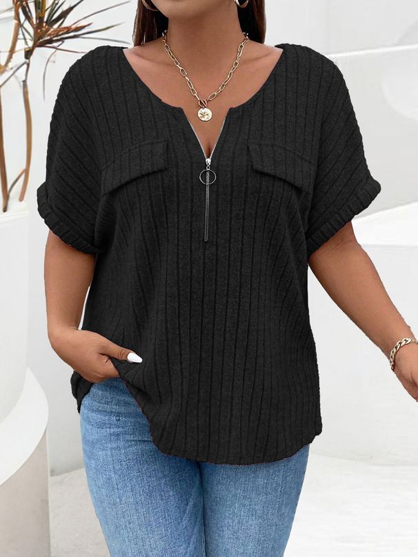 2025 Spring Summer New Solid Color Plus Size Women's Top Zipper Short Sleeve Pocket Pullover T-Shirt Loose_ecoleips.com