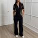 Women's Commuter Casual Two Piece Set Zippered Short Sleeve Top Elastic Waist Straight Leg Pants With Pocket_ecoleips.com