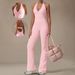 Women's Clothing Women's Solid Color V Neck Lace Trim Halter Neck Yoga Sports Jumpsuit Tight Fit Flare Pants Sportswear_ecoleips.com