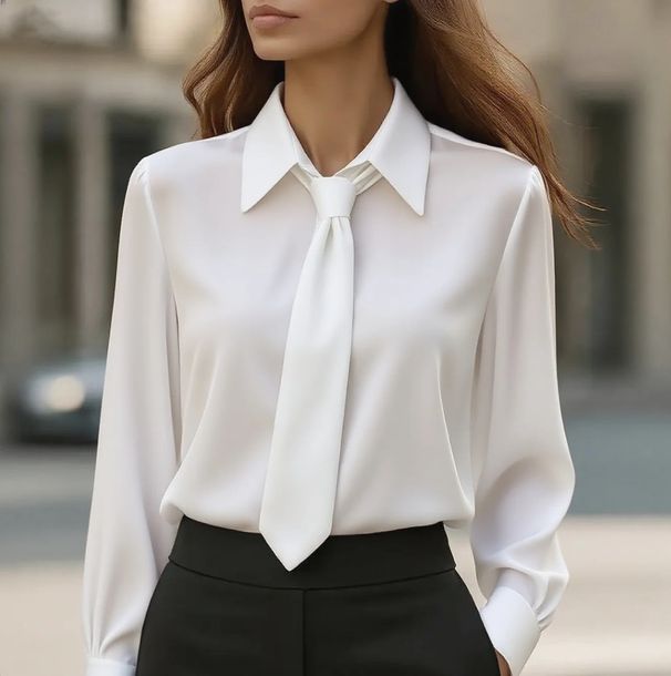 2025 European And American Cross-Border New Autumn Solid Color Casual Tie Long Sleeve French Shirt Women's Blouse_ecoleips.com