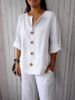 K New Loose Fit Women's V-Neck Button-Up T-Shirt_ecoleips.com