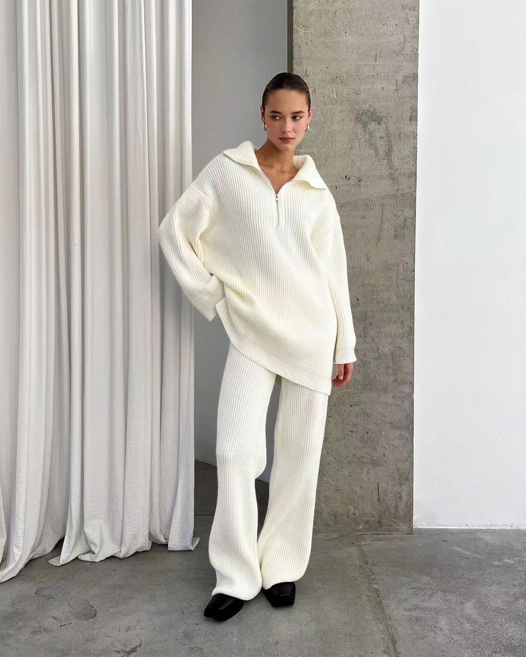 Women’s Clothing single simple high end solid color suit women's autumn and winter half zip sweater knitted straight trousers two piece set_ecoleips.com