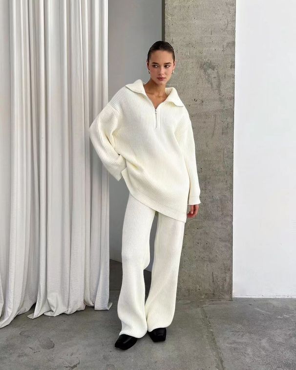 Women’s Clothing single simple high end solid color suit women's autumn and winter half zip sweater knitted straight trousers two piece set_ecoleips.com