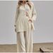Women's Clothing long sleeved temperament commuter skin color linen solid color slit long shirt and wide leg pants set_ecoleips.com