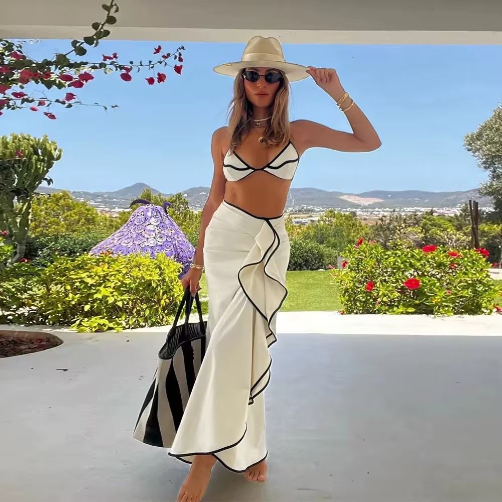 2026 New Three Piece Women's Swimsuit Black White Color Block Triangle Strap Bikini INS Beachwear European American Style_ecoleips.com