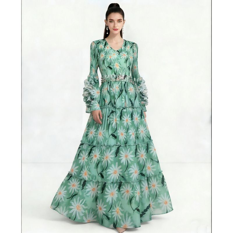 Women's Clothing Plus Size Pleated Three Dimensional Floral Bell Sleeve Dress Heavy Duty Lace Up Print African European Style Women's Clothing_ecoleips.com