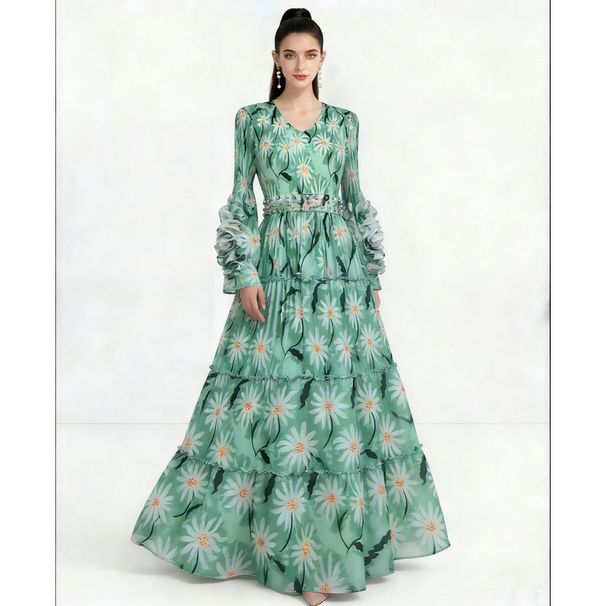 Women's Clothing Plus Size Pleated Three Dimensional Floral Bell Sleeve Dress Heavy Duty Lace Up Print African European Style Women's Clothing_ecoleips.com