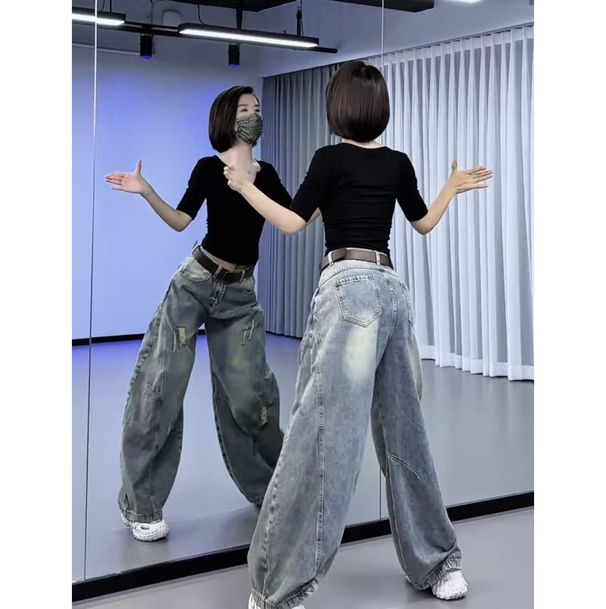Women's High-Waisted Wide Leg Jeans Retro Washed Distressed Scimitar Design Floor-Length Pants Flowy Petite Fit Autumn/Winter Style_ecoleips.com