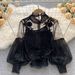 Women's Clothing Three Dimensional Flower Collage See Through Mesh Lantern Sleeve Slim Short Top Women's Lace Bottoming Shirt_ecoleips.com