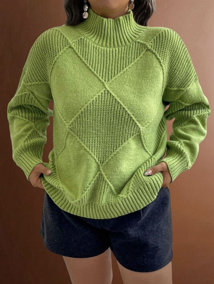 Bold Geometric Knit Sweater – Oversized High-Neck Pullover With 3D Jacquard (S-XL, Acrylic-Nylon Blend, Ice Cream Color Palette)_ecoleips.com