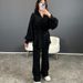 Women's Two Piece Set Puff Sleeved Loose Tie Waist Shirt Straight Leg Casual Pants Fashion_ecoleips.com