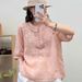 Spring And Summer Versatile T-Shirt, Large-Sized Women's Five-Quarter Sleeve Stand-Up Collar Embroidered Cotton And Line_ecoleips.com