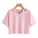 Aria Basics Aria Basics In-stock European And American Cross-border AA Style Off-shoulder Hollow-out Sexy Solid Color T-shirt V-neck Women's_ecoleips.com