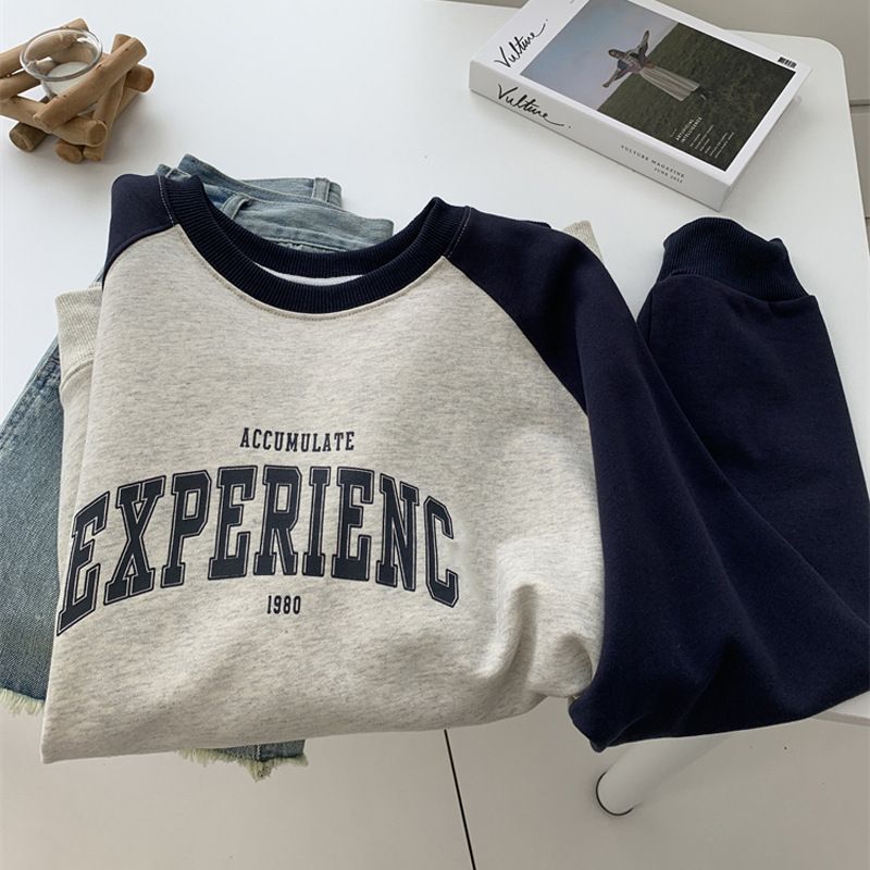 European American Style Crew Neck Sweatshirt For Women, New Spring And Autumn Model, Loose Fit, Slimming, Color-blocking_ecoleips.com