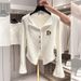 Women's Trendy White Bell Sleeve Knitted Cardigan Korean Style Early Autumn Slim Fit Flattering Base Layer Top_ecoleips.com