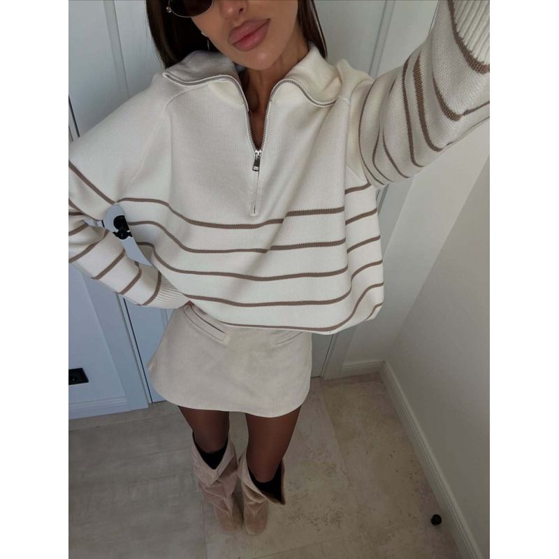 Autumn And Winter Vintage Contrast Striped Lapel Pullover Loose Knit Loose Versatile Sweater Girl_ecoleips.com