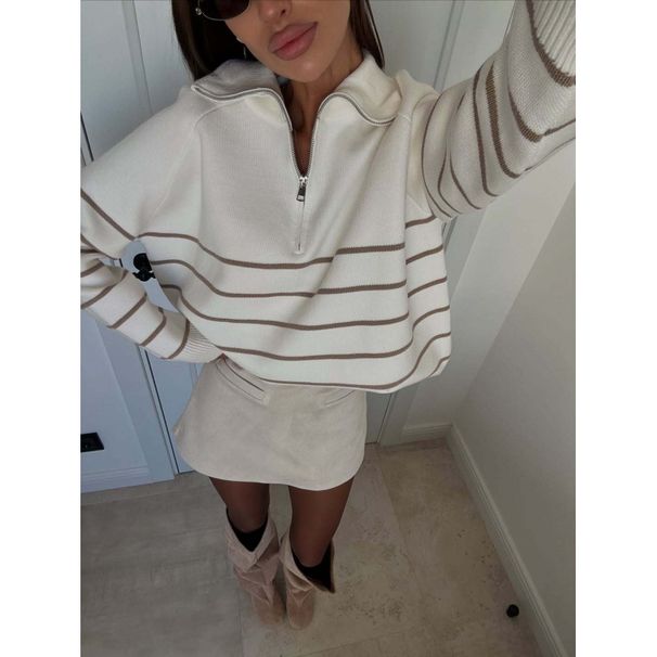 Autumn And Winter Vintage Contrast Striped Lapel Pullover Loose Knit Loose Versatile Sweater Girl_ecoleips.com