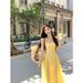 French Style Petite Yellow Strap Women's Summer New Waist-Cinching Elegant Long Beach Vacation Dress_ecoleips.com