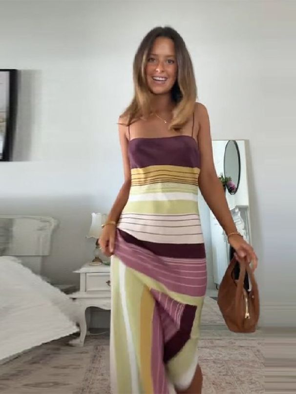 Summer Ripple Color Block Strappy Slit Long Dress Fresh Beach Vacation Dress For Women Holiday Outing_ecoleips.com