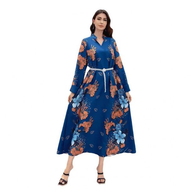 Muslim Ladies Robe Printed Light Luxury Pearl Belt Jalabiya Dress_ecoleips.com