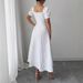 European And American Cro-border 2026 Summer Slim-fit Elegant Women's Jacquard Solid Color Puff Sleeve Square-neck_ecoleips.com