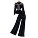 Women's Casual Knitwear Set Zipper Stand Collar Jacket Hong Kong Style Striped Shawl Wide Leg Pants 2025 New Arrival_ecoleips.com