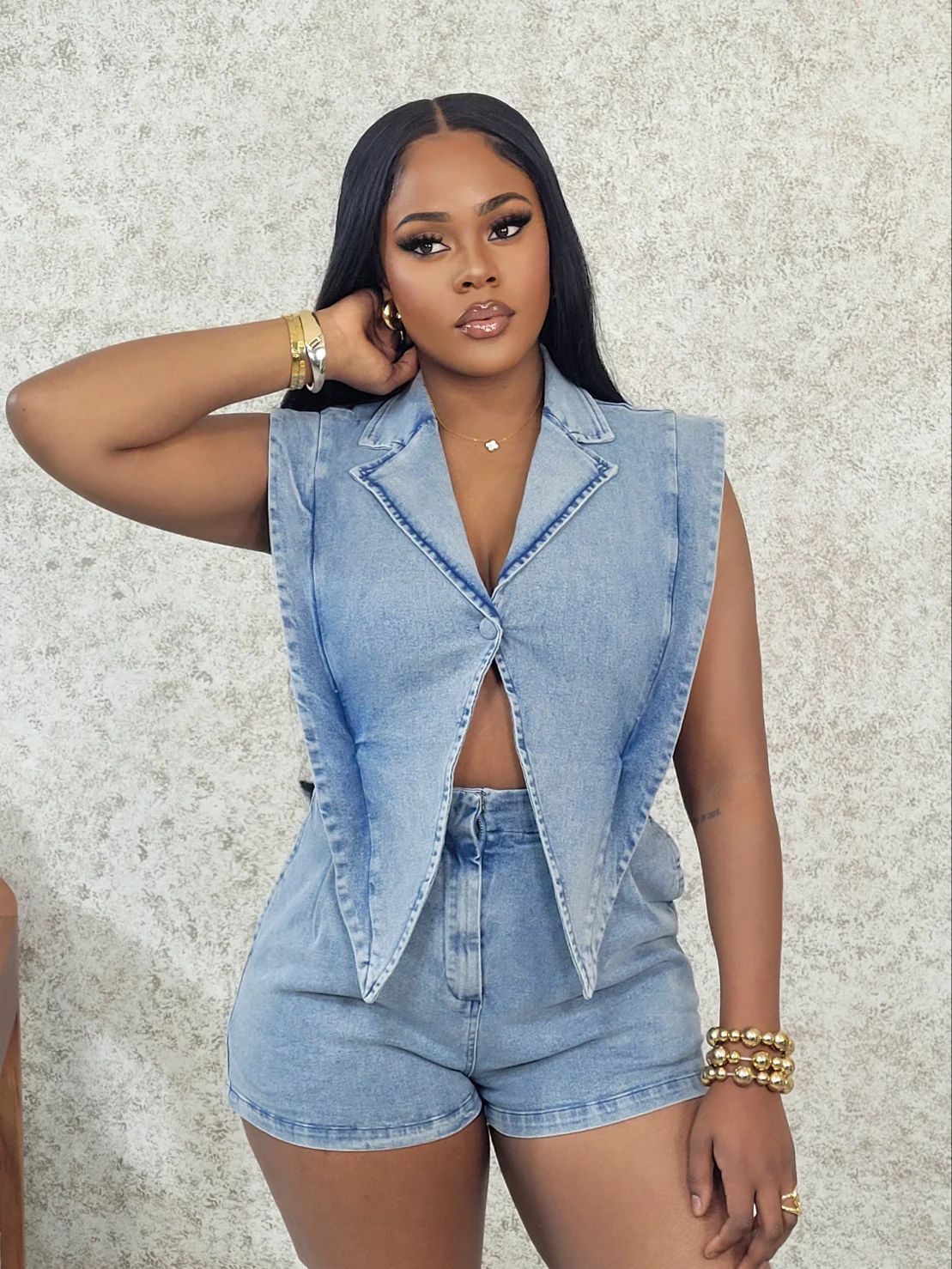 Women's Clothing Spring And Summer New Women's Fashion Casual Three Dimensional Triangle Design Denim Jumpsuit Shorts_ecoleips.com