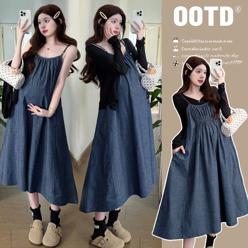 Spring New Fashion Outfit 2-Piece Denim Maternity Dress_ecoleips.com