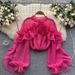Trendy Mesh Ruffle Blouse – Asymmetrical Pleated Pullover For Women (White/Black/Rose Red/Pink/Apricot/Green/Red, One Size)_ecoleips.com