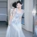 Ethereal Halter Neck Evening Gown Blue Tulle Dress for Women Sophisticated Elegant Style for Birthday Party Coming of Age Ceremony Annual Meeting_ecoleips.com