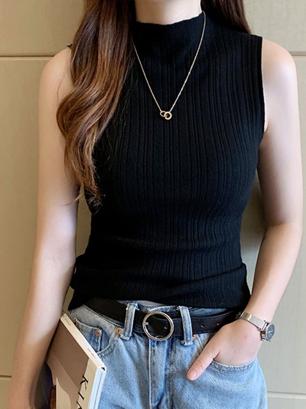 AOSSVIAO 2026 Women Knitted Tank Tops Women Thin Tops Basic Casual Tank Tops Half Neck Tees Sleeveless Tops For Women_ecoleips.com