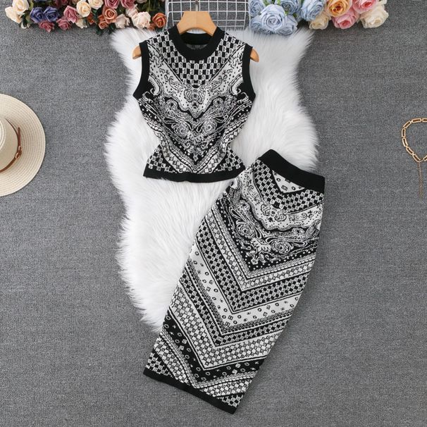 Women's Clothing Retro Jacquard Knitted Suit Women's Sleeveless Vest Mid Length Skirt High End Lady Two Piece Suit_ecoleips.com