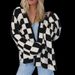 Women's Oversized Checkered Cardigan – Long Sleeve Open Front Sweater In Classic Black & Brown Plaid_ecoleips.com