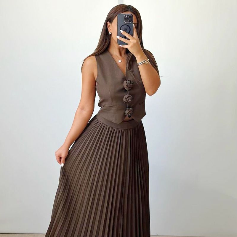 Sleeveless Vest Heavyweight Half-length Pleated Long-sleeved Women's High-end Two-piece Suit_ecoleips.com